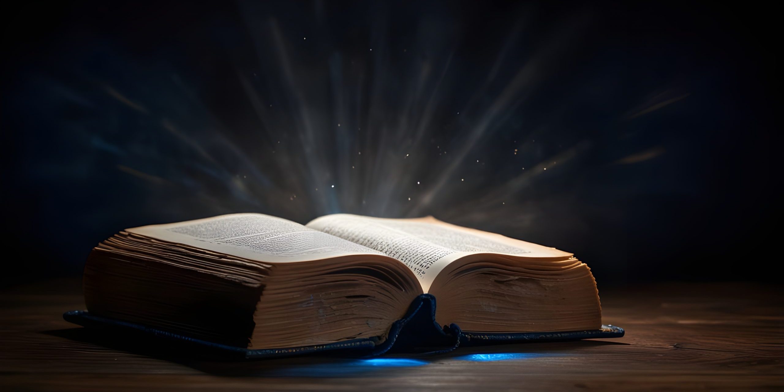 The book of Hebrews Open bible with blue glowing rays of light.generative.ai