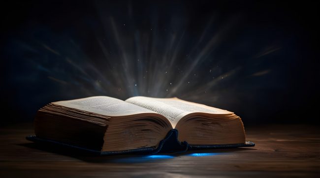 The book of Hebrews Open bible with blue glowing rays of light.generative.ai